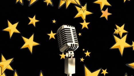 Animation-of-microphone-over-golden-star-icons-floating-against-black-background-with-copy-space
