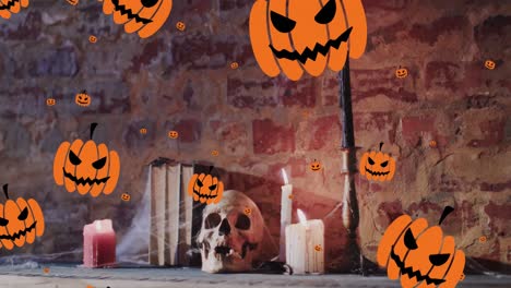 Animation-Von-Halloween-Kürbissen-über-Kerzen-Und-Totenkopf-Auf-Backsteinmauer-Hintergrund