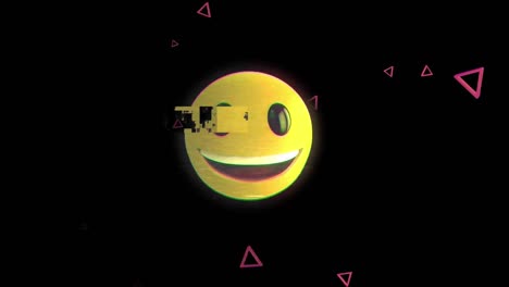 Animation-of-interference-over-emoji-icon-and-shapes-on-black-background
