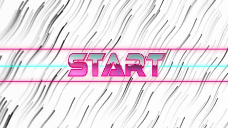 Animation-of-start-text-over-neon-banner-against-wavy-lines-in-seamless-pattern-on-white-background