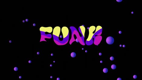 Animation-of-funk-text-in-purple-and-yellow-distorting-with-purple-spheres-on-black-background