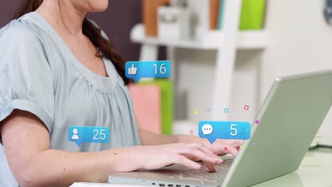 Animation-of-social-media-icons-with-growing-numbers-over-caucasian-woman-using-laptop