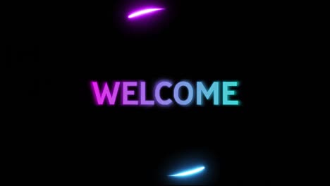 Animation-of-welcome-text-in-white-with-glowing-pink-and-blue-loading-ring-on-black