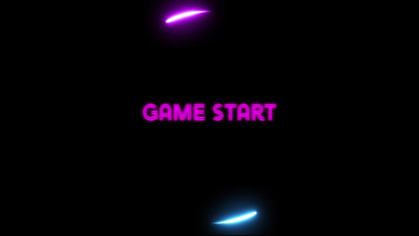 Animation-of-game-start-text-in-pink-with-glowing-pink-and-blue-loading-ring-on-black