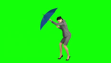 Geschäftsfrau-Schließt-Ihren-Kaputten-Regenschirm
