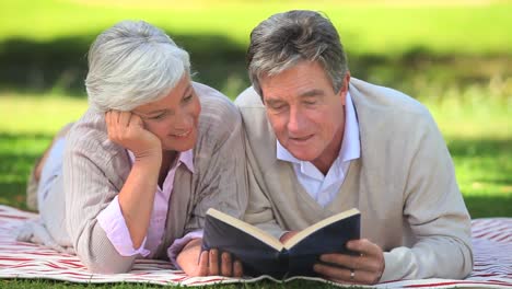 Mature-couple-reading-a-book-outside