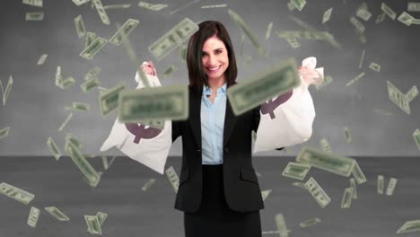 Composite-video-of-businesswoman-holding-money-bags-
