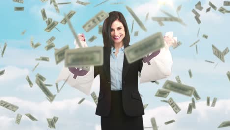 Composite-video-of-businesswoman-holding-money-bags