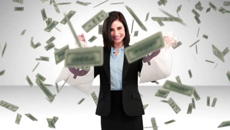 Composite-video-of-businesswoman-holding-money-bags