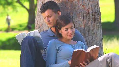 Young-couple-reading-outdoors