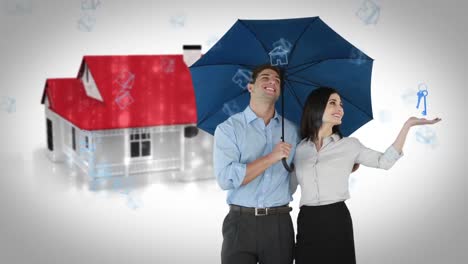 Composite-image-of-businessman-and-businesswoman-holding-an-umbrella