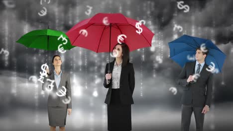 Zusammengesetztes-Bild-Eines-Geschäftsmannes-Und-Einer-Geschäftsfrau,-Die-Einen-Regenschirm-Halten