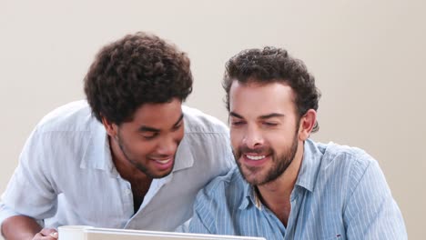 Glückliches-Homosexuelles-Paar,-Das-Computer-Benutzt
