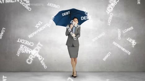 Zusammengesetztes-Bild-Einer-Geschäftsfrau-Mit-Einem-Regenschirm