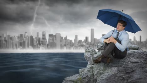 Composite-animation-of-a-businessman-holding-umbrella