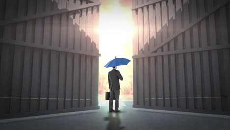 Rückansicht-Eines-Geschäftsmannes-Mit-Regenschirm