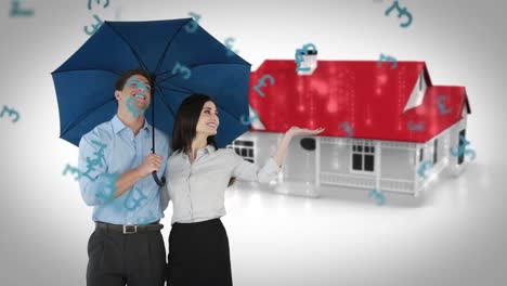 Composite-image-of-businessman-and-businesswoman-holding-an-umbrella