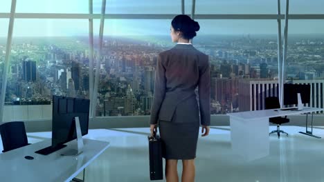 Rear-view-of-businesswoman-standing-in-office-with-briefcase