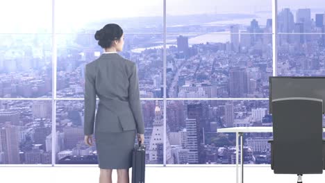 Rear-view-of-businesswoman-standing-in-office-with-briefcase