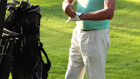 Mid-section-of-male-golfer-wearing-golf-glove