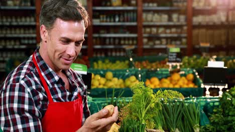 Smiling-male-staff-checking-vegetables-in-organic-section