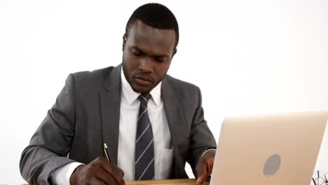 Businessman-writing-in-dairy-while-using-laptop