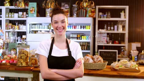 Portrait-of-smiling-waitress-standing-with-arms-crossed