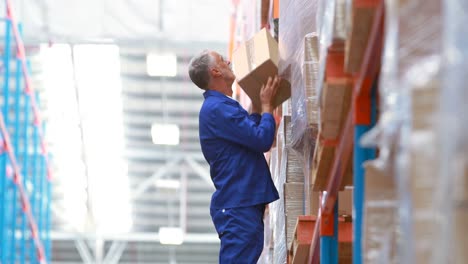 Male-warehouse-worker-using-ladder-to-arrange-cardboard-box
