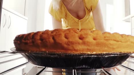 Young-woman-putting-a-baking-pan-with-sweet-food-to-bake-in-oven