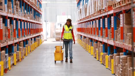 Female-warehouse-worker-walking-with-mop-and-bucket