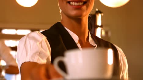 Mid-section-of-female-waitress-serving-a-cup-of-coffee