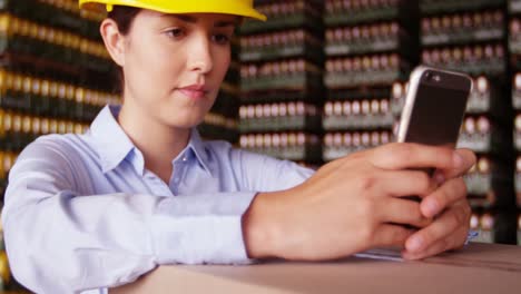 Female-supervisor-using-mobile-phone-in-warehouse