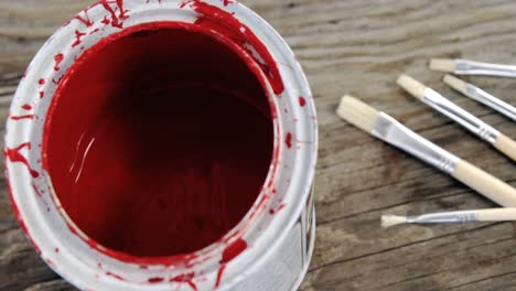 Close-up-of-red-paint-can-and-brushes