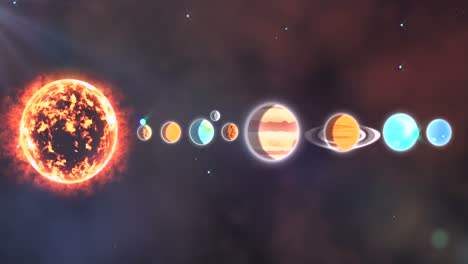 Solar-system-with-sun-and-planets-in-a-row