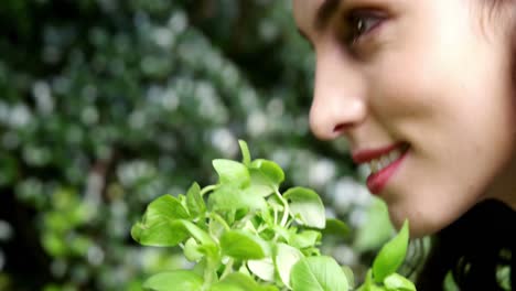 Beautiful-woman-smelling-pot-plant-in-garden