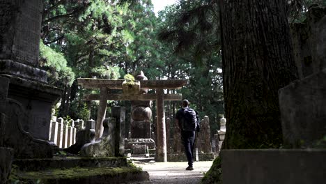 Solo-Male-Backpacker-Exploring-Koyasan-Forest-Walking-Towards-Stone-Torii-Gate