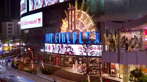 Façade-of-one-of-the-most-popular-chain-of-cinemas,-featuring-different-kinds-of-genres-in-film-located-in-BangkokThailand