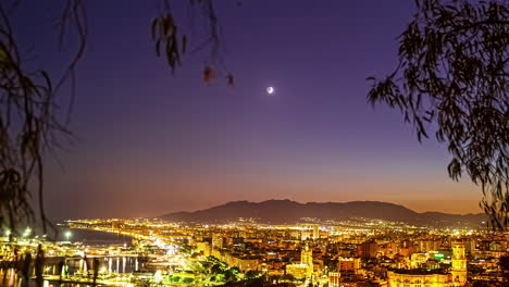 Zeitraffer-Des-Sonnenuntergangs-über-Malaga,-Spanien,-Mit-Bäumen,-Die-Die-Aufnahme-Umrahmen