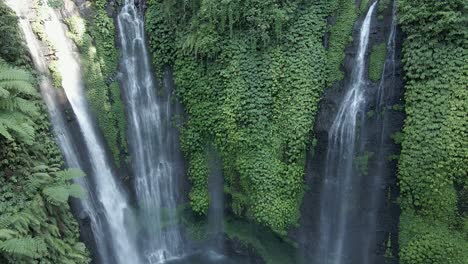 Aerial-tilts-up-Sekumpul-waterfall,-tourist-swims-in-pool-far-below