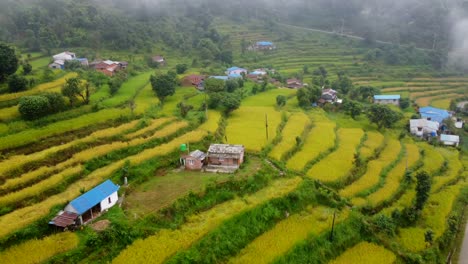 Aerial-flight-over-tropical-fields-and-village-on-slope-of-mountain-in-Nepal,Asia-