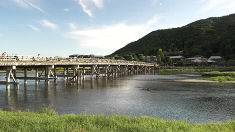 Touristic-Togetsukyo-Bridge-In-Arashiyama,-Kyoto-rural-Japan