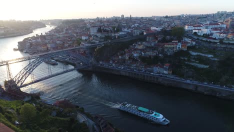 Porto,-Portugal,-aerial-view-of-old-town-and-Dom-Luis-Bridge-over-the-Douro-river