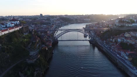 The-view-of-Dom-Luis-I-Bridge,-the-old-town,-and-Douro-River-in-Porto,-Portugal