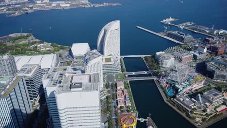 Yokohama-Bay-Area,-High-Angle-Establishing-Shot-of-Minato-Mirai
