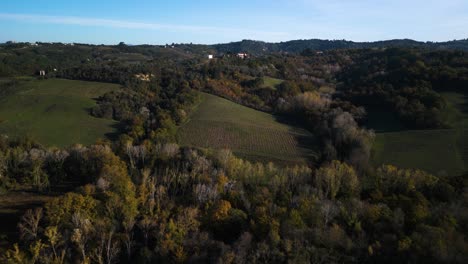 Subtle-orange-yellow-autumn-colored-trees-of-Tuscany-Italy,-drone-establishing-overview