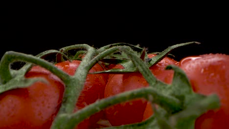 Tomaten-Am-Weinstock-Mit-Wassertropfen-Auf-Schneidebrett