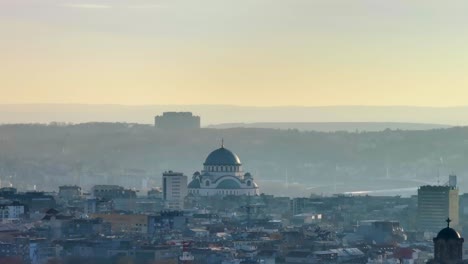 Close-up-aerial-footage-of-the-The-Church-of-Saint-Sava-in-the-morning-light-in-the-city-of-Belgrade,-Serbia