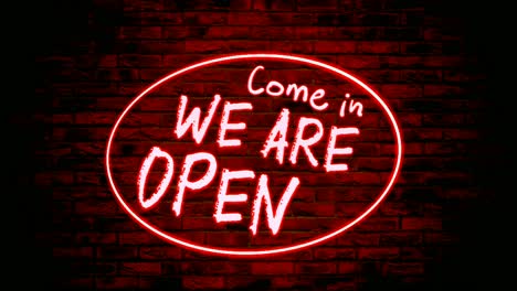 Come-in-we-are-Open-neon-light-text-animation-motion-graphics-in-ellipse-frame-border-with-brick-wall-background