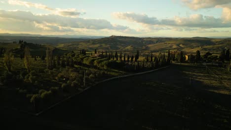 Tall-cypress-trees-line-winding-road-with-bright-view-of-Val-d'Orcia-Tuscany