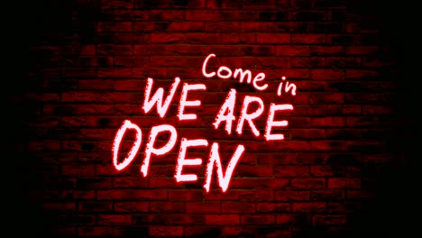 Red-Come-in-We-are-Open-neon-light-text-animation-motion-graphics-with-brick-wall-background
